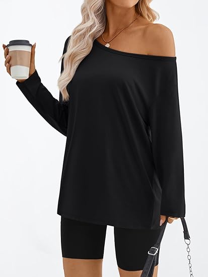 Womens Off The Shoulder Tops Oversized Tshirts Long Sleeve 2025 Casual Basic Tees