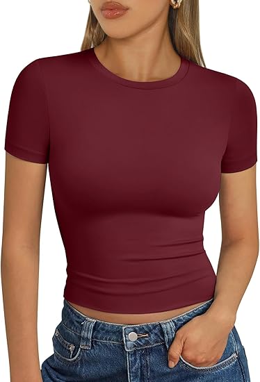 Trendy Queen Womens Basic T Shirts Summer Tops 2025 Short Sleeve Crop Tops Slim Fit Gym Workout Y2k Clothes