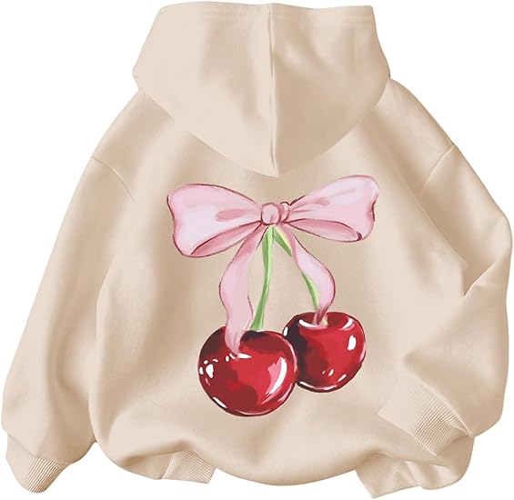 Girl's Cherry Graphic Hoodie Long Sleeve Hooded Sweatshirt Cute Pullovers Tops