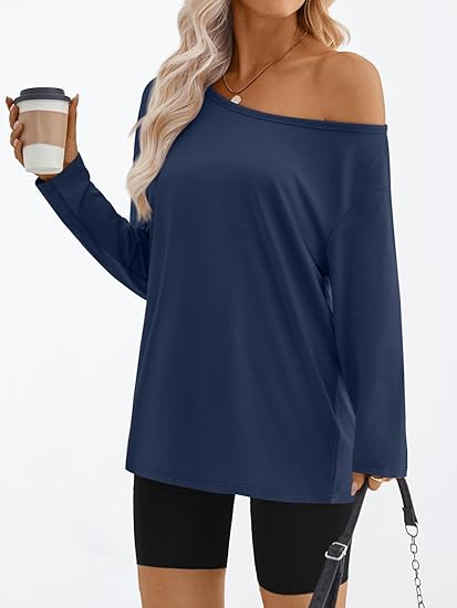Womens Off The Shoulder Tops Oversized Tshirts Long Sleeve 2025 Casual Basic Tees