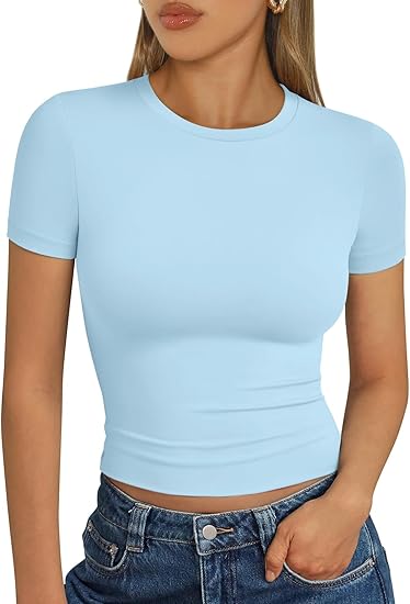 Trendy Queen Womens Basic T Shirts Summer Tops 2025 Short Sleeve Crop Tops Slim Fit Gym Workout Y2k Clothes