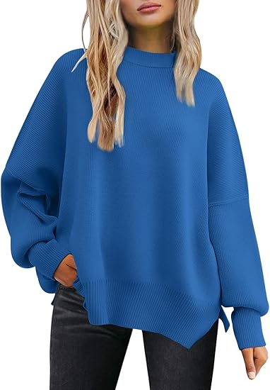 Women's Oversized Batwing Sweaters 2025 Fall Outfits Trendy Crewneck Knit Side Slit Fashion Pullover Tops