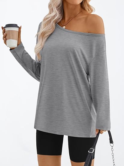 Womens Off The Shoulder Tops Oversized Tshirts Long Sleeve 2025 Casual Basic Tees