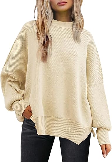 Women's Oversized Batwing Sweaters 2025 Fall Outfits Trendy Crewneck Knit Side Slit Fashion Pullover Tops