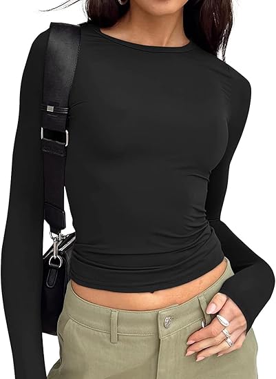Trendy Queen Womens Long Sleeve T Shirts Fall Fashion 2025 Basic Crop Tops Going Out Outfits Y2k Clothes
