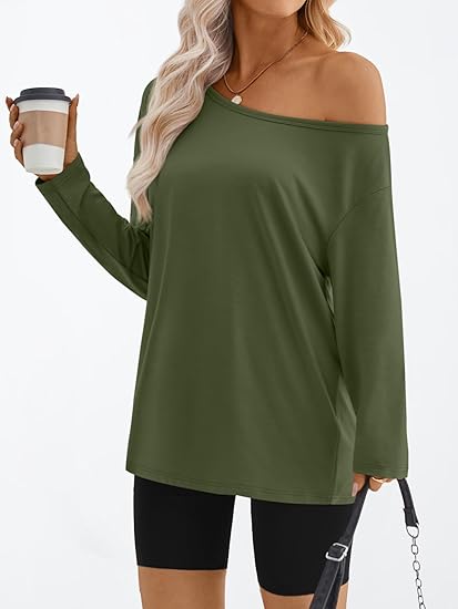 Womens Off The Shoulder Tops Oversized Tshirts Long Sleeve 2025 Casual Basic Tees