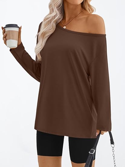 Womens Off The Shoulder Tops Oversized Tshirts Long Sleeve 2025 Casual Basic Tees