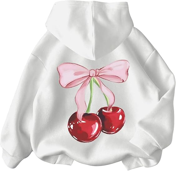 Girl's Cherry Graphic Hoodie Long Sleeve Hooded Sweatshirt Cute Pullovers Tops