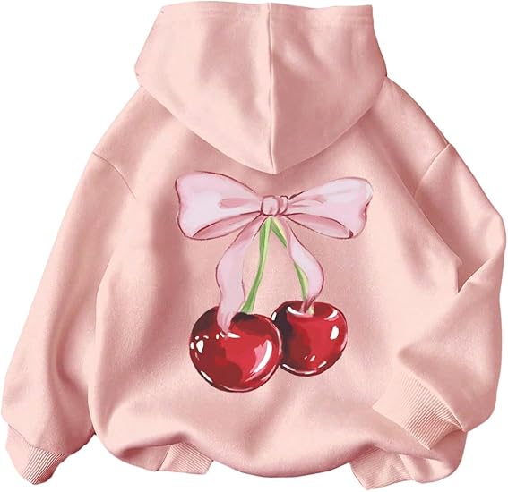 Girl's Cherry Graphic Hoodie Long Sleeve Hooded Sweatshirt Cute Pullovers Tops