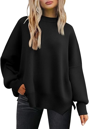 Women's Oversized Batwing Sweaters 2025 Fall Outfits Trendy Crewneck Knit Side Slit Fashion Pullover Tops