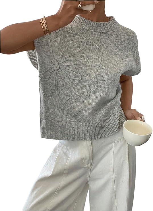 Women's Ribbed Sweater Crew Neck Short Sleeve Loose Fit Floral Knit Pullover Tops