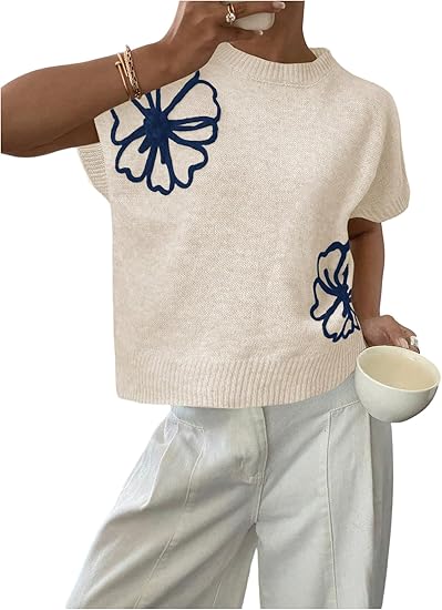 Women's Ribbed Sweater Crew Neck Short Sleeve Loose Fit Floral Knit Pullover Tops