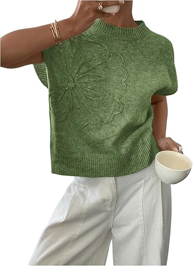 Women's Ribbed Sweater Crew Neck Short Sleeve Loose Fit Floral Knit Pullover Tops