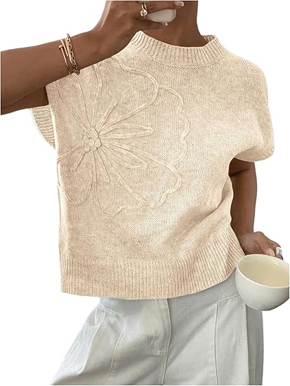 Women's Ribbed Sweater Crew Neck Short Sleeve Loose Fit Floral Knit Pullover Tops