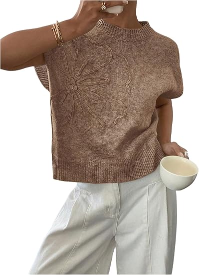 Women's Ribbed Sweater Crew Neck Short Sleeve Loose Fit Floral Knit Pullover Tops